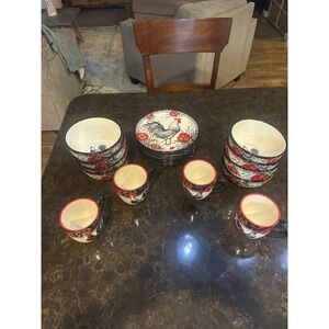 Cracker Barrel Morning Bloom Rooster Poppy 20pc Dish Set Susan Winget VINT 1991